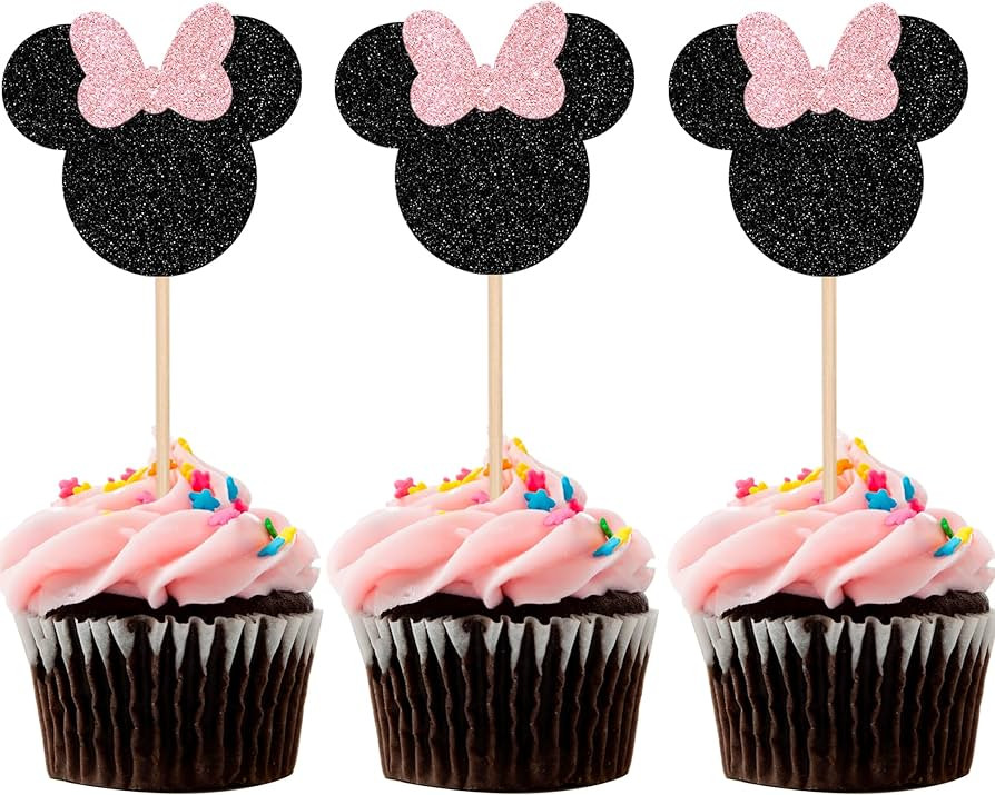 24 PCS Black and Pink Mouse Inspired Cupcake Toppers with Bow Glitter Mini Cupcake Picks Baby Sho... | Amazon (US)