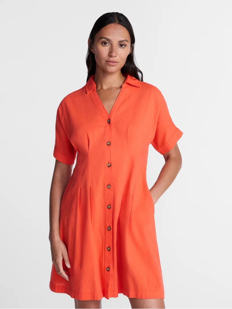 Time and Tru Women's Linen Pleated Waist Fit And Flare Mini Shirt Dress, Sizes XS-XXXL | Walmart (US)