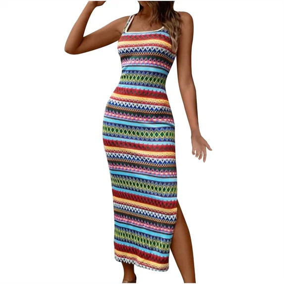 Enjoytime Womens Casual Color Block Dresses Stripe Printed Sleeveless Spaghetti Strap Summer Beac... | Walmart (US)