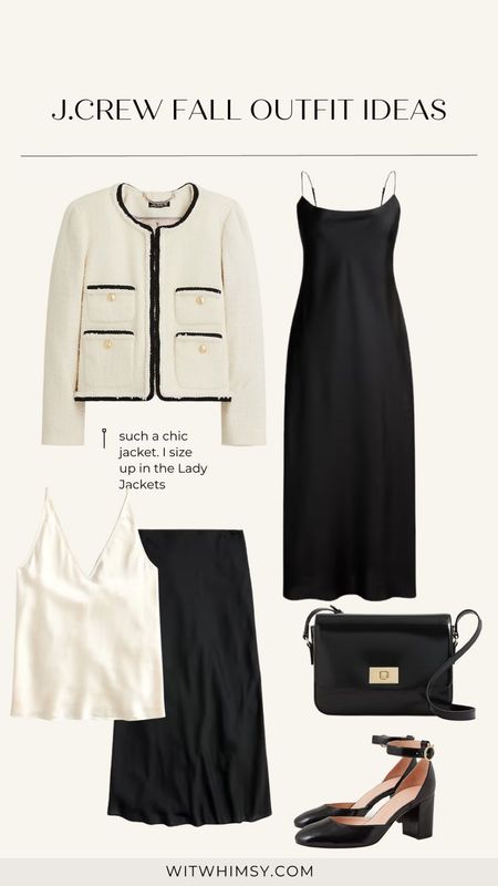 Jcrew fall outfit inspiration featuring slip dress lady jacket silk tank slip skirt Mary Jane heels 

#LTKSeasonal