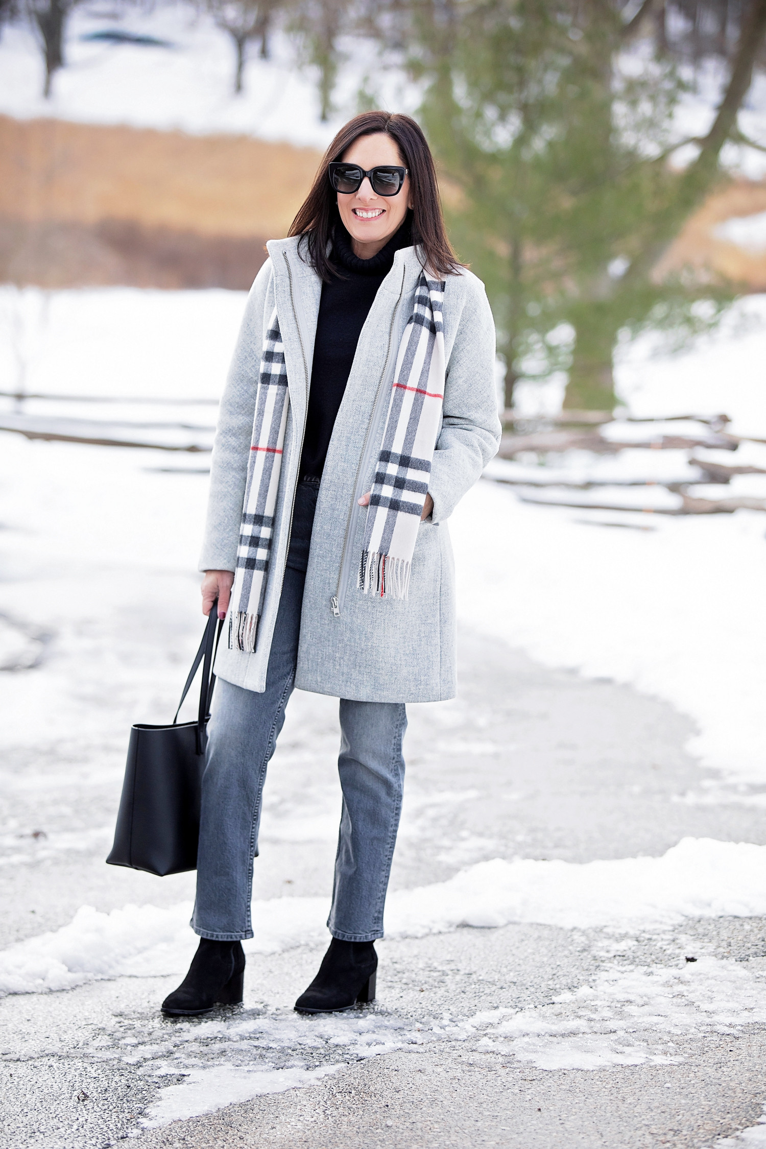 Winter layering made effortless ❄️ Grey coat, black turtleneck, grey jeans, plaid scarf, and black boots + bag = chic and cozy. 

 #LTKSeasonal #LTKOver40