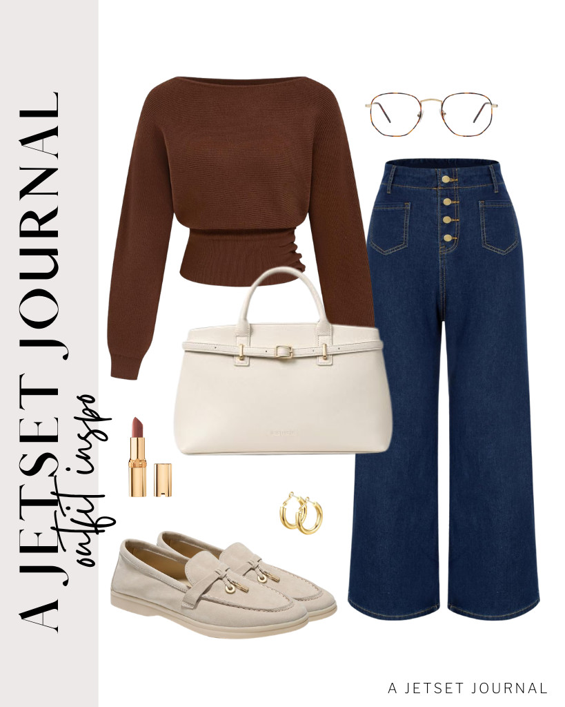 You can also wear a brown CIDER boat-neck top with high-waisted wide-leg jeans from Belle Poque. This combination goes well with Project Cloud loafers and a BOSTANTEN satchel bag. Wear these SOJOS blue light-blocking glasses for this fit, too! 

 #LTKSeasonal #LTKSaleAlert #LTKTravel