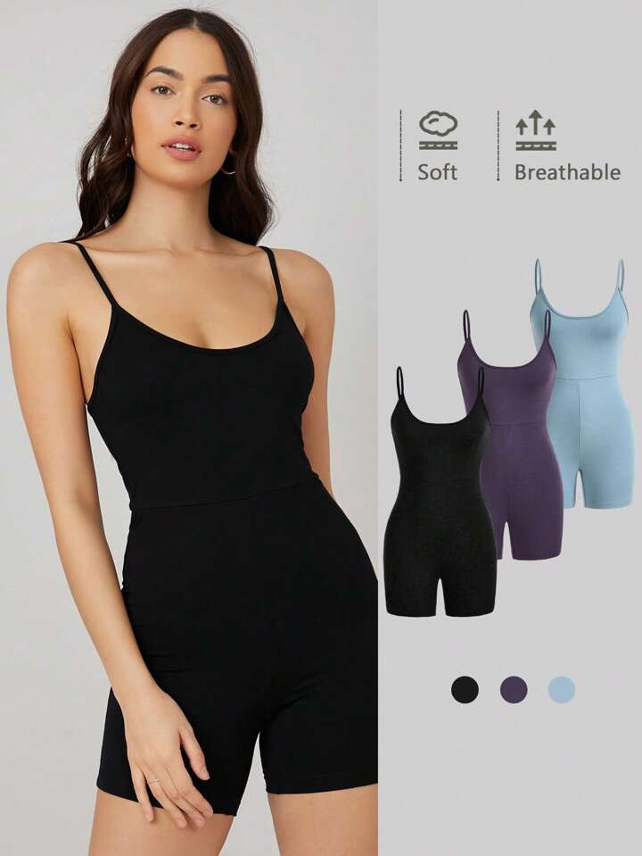 SHEIN BASICS 1pc Solid Form Fitted Unitard Romper | SHEIN