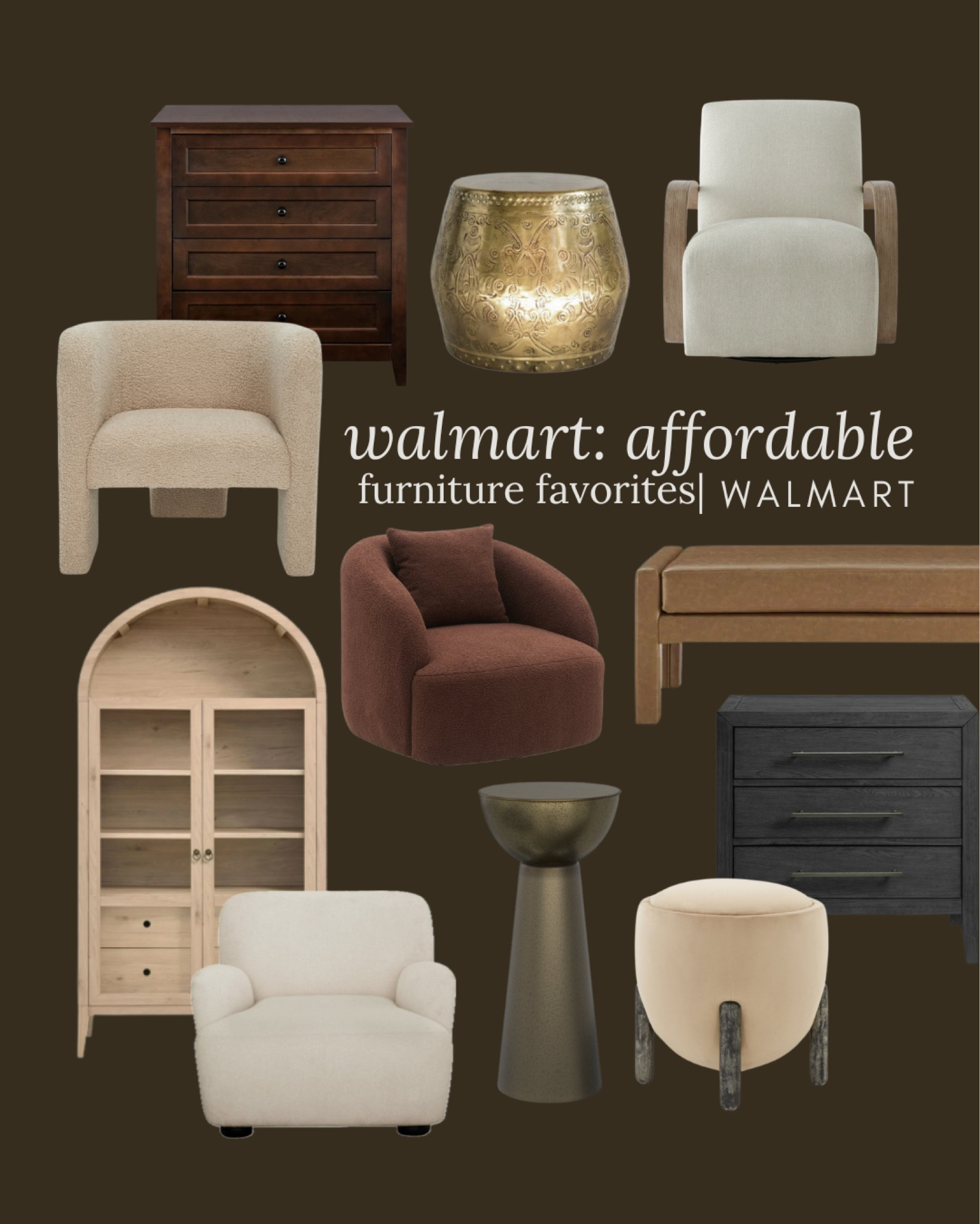 Walmart affordable furniture, fines, lounge, chair, accent chair, bench, side table, brass table, modern ottoman, a nightstand, arched cabinet look for less, living room, furniture, bedroom furniture

#LTKSaleAlert #LTKHome #LTKStyleTip