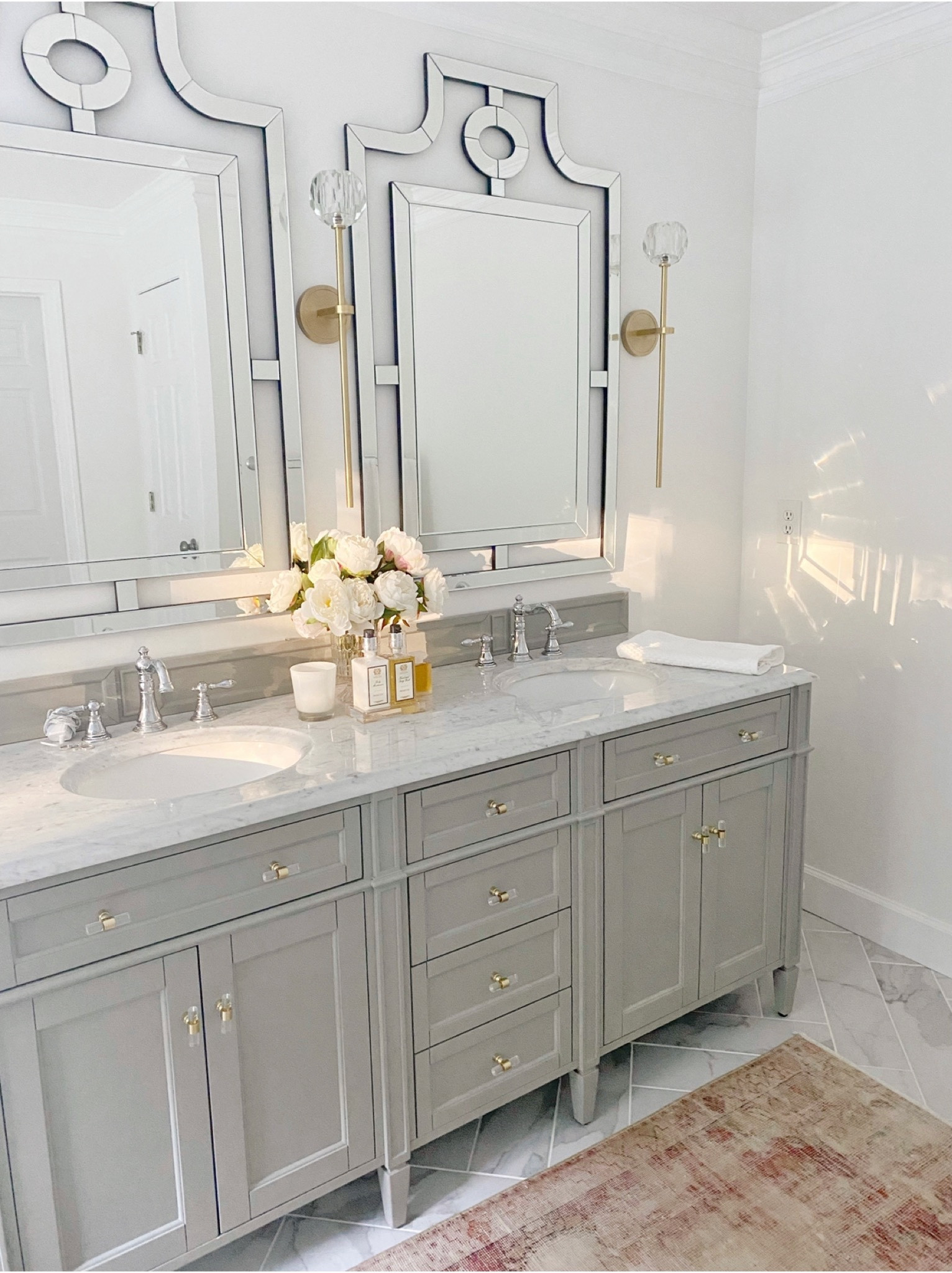 Master bathroom, primary bathroom, powder room, runner, vanity, restoration hardware, sconce lighting, chrome faucet, 

#LTKhome