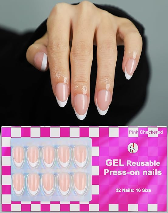 French Almond Gel Press On Nails Short 16 Sizes Fake Nails Glossy 32pcs, Nail Glue Included | Amazon (US)