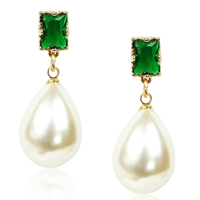 18K Gold Plated Pearl Drop Earrings Dangle Handmade Earrings with Emerald Green Earrings Pearl Da... | Amazon (US)