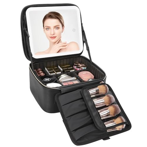 Relavel Travel Makeup Bag With LED Mirror, Cosmetic Train Case with Light up Mirror, Portable Makeup Artist Organizer Bag with Adjustable Dividers, Makeup Brush Holder Storage, Black | Amazon (US)