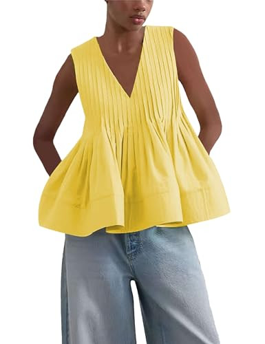 Wanzetaly Women's Summer Peplum Babydoll Tops Casual Sleeveless V Neck Blouse Tank Tops Pleated S... | Amazon (US)