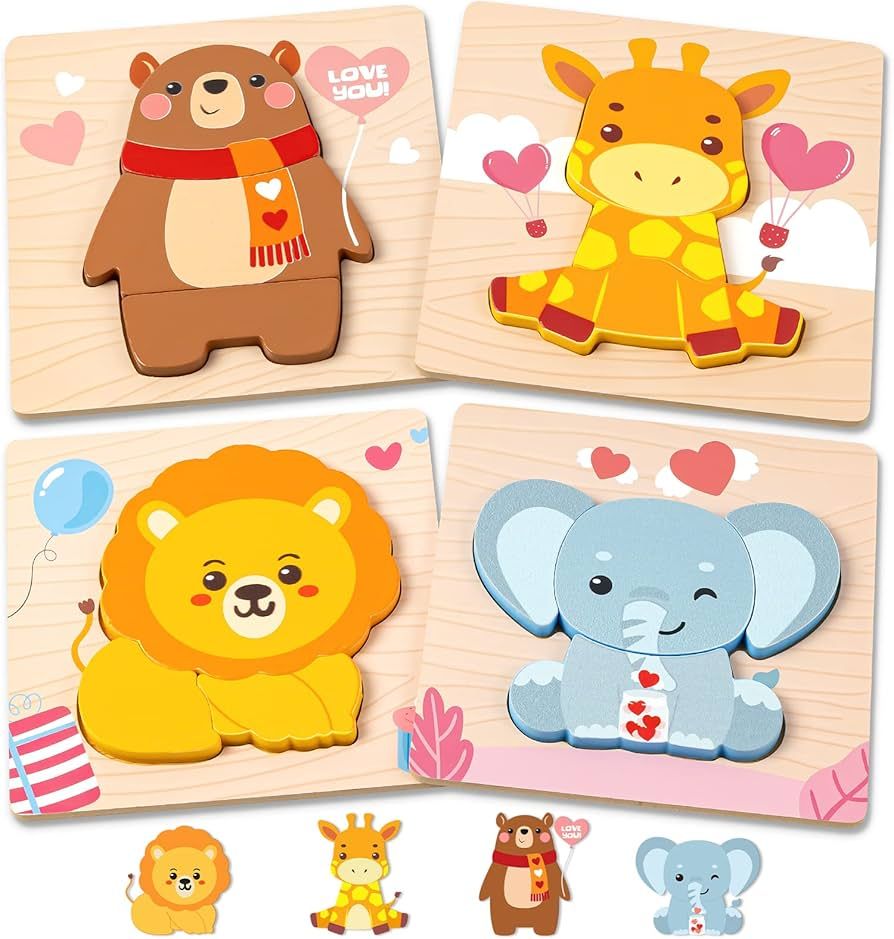 Valentines Toys Gifts for Kids Toddlers - 4 Pack Wooden Puzzles with Animals Design, Valentine Pa... | Amazon (US)