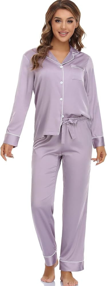 Serenedelicacy Women's Satin Pajama Set 2-Piece Sleepwear Loungewear Long Sleeve Button Down Silk... | Amazon (US)