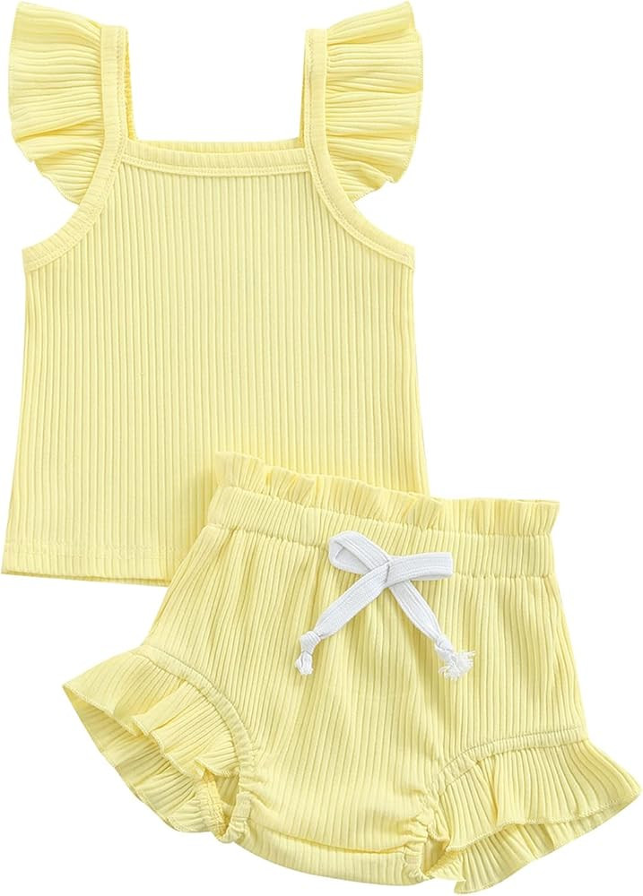 Toddler Baby Girl Summer Short Clothes Ribbed Ruffle Sleeve Tops+Elastic Drawstring Short Pants T... | Amazon (US)