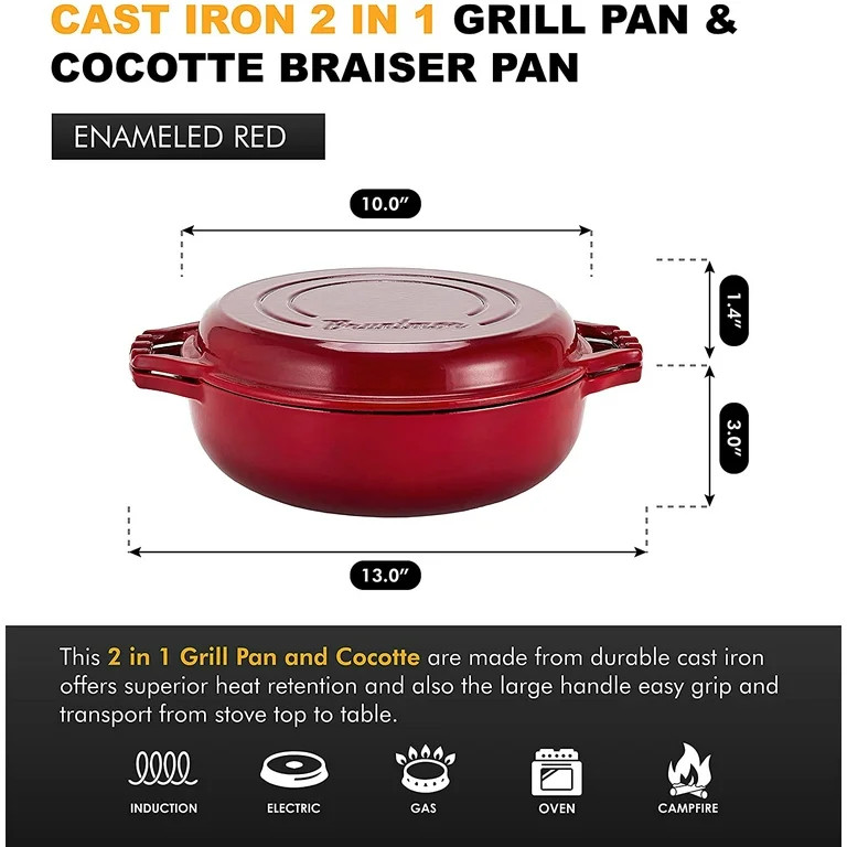 Bruntmor | 2-In-1 Enameled Cast Iron Cocotte Double Braiser Pan With Grill Lid - Walmart.com | Walmart (US)