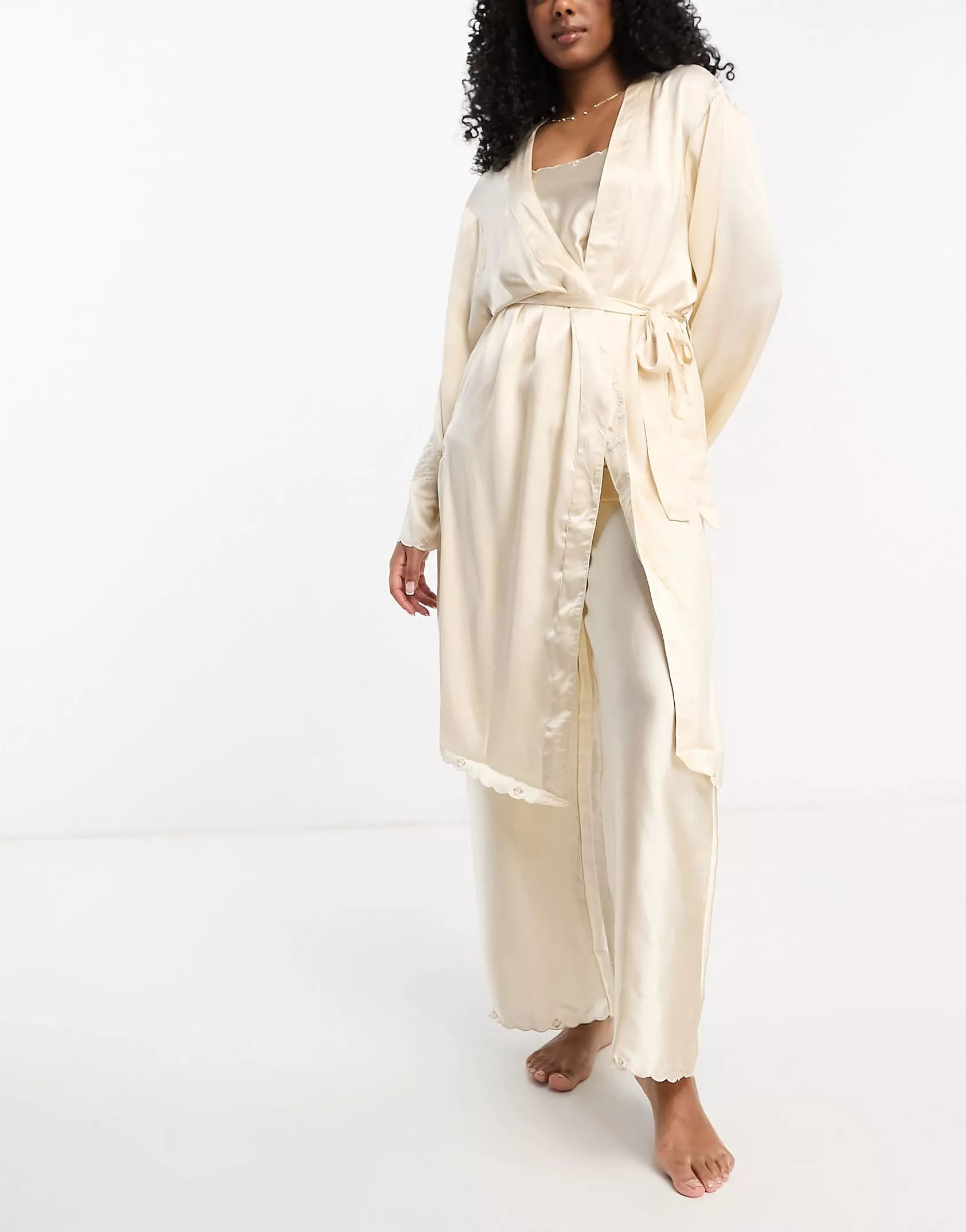 ASOS DESIGN premium satin embroidered midi robe in cream | ASOS (Global)