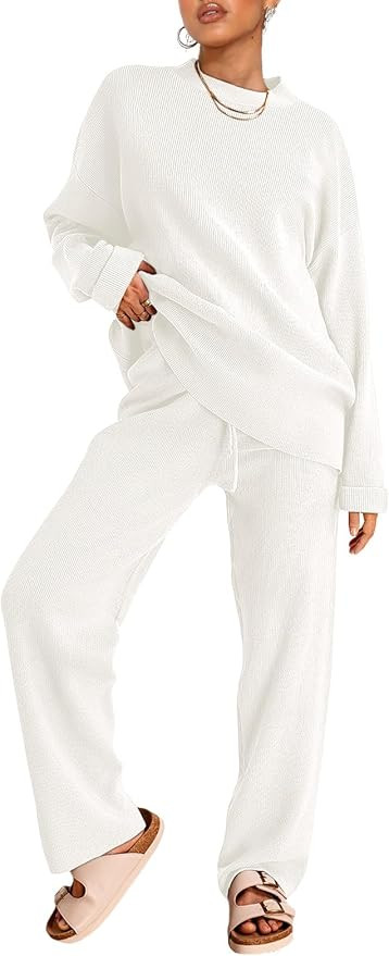 LILLUSORY 2 Piece Sets for Women 2025 Fall Outfits Two Piece Lounge Sets Sweatsuits Striped Knit ... | Amazon (US)