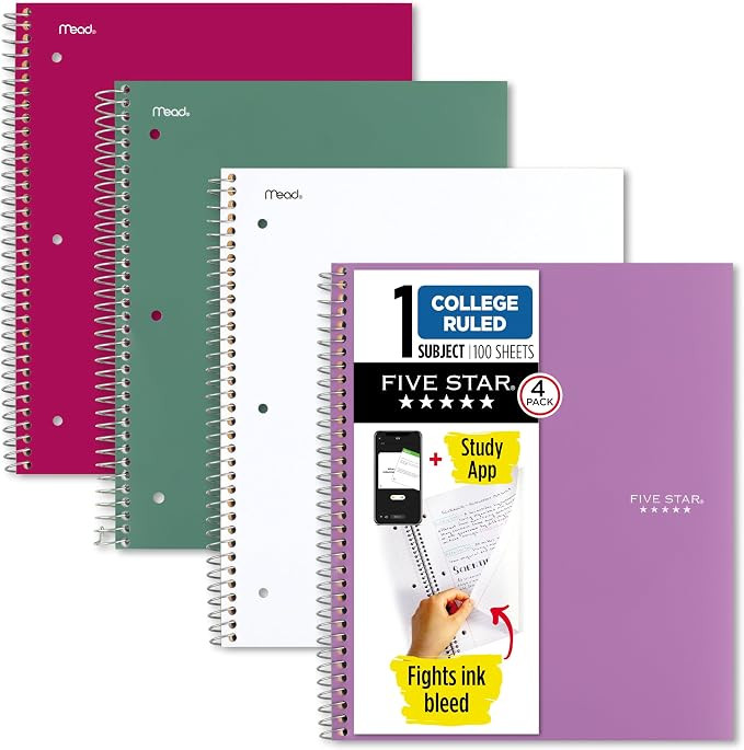 Five Star Spiral Notebook + Study App, 100 Sheets, 1 Subject, College Ruled Paper, Fights Ink Ble... | Amazon (US)