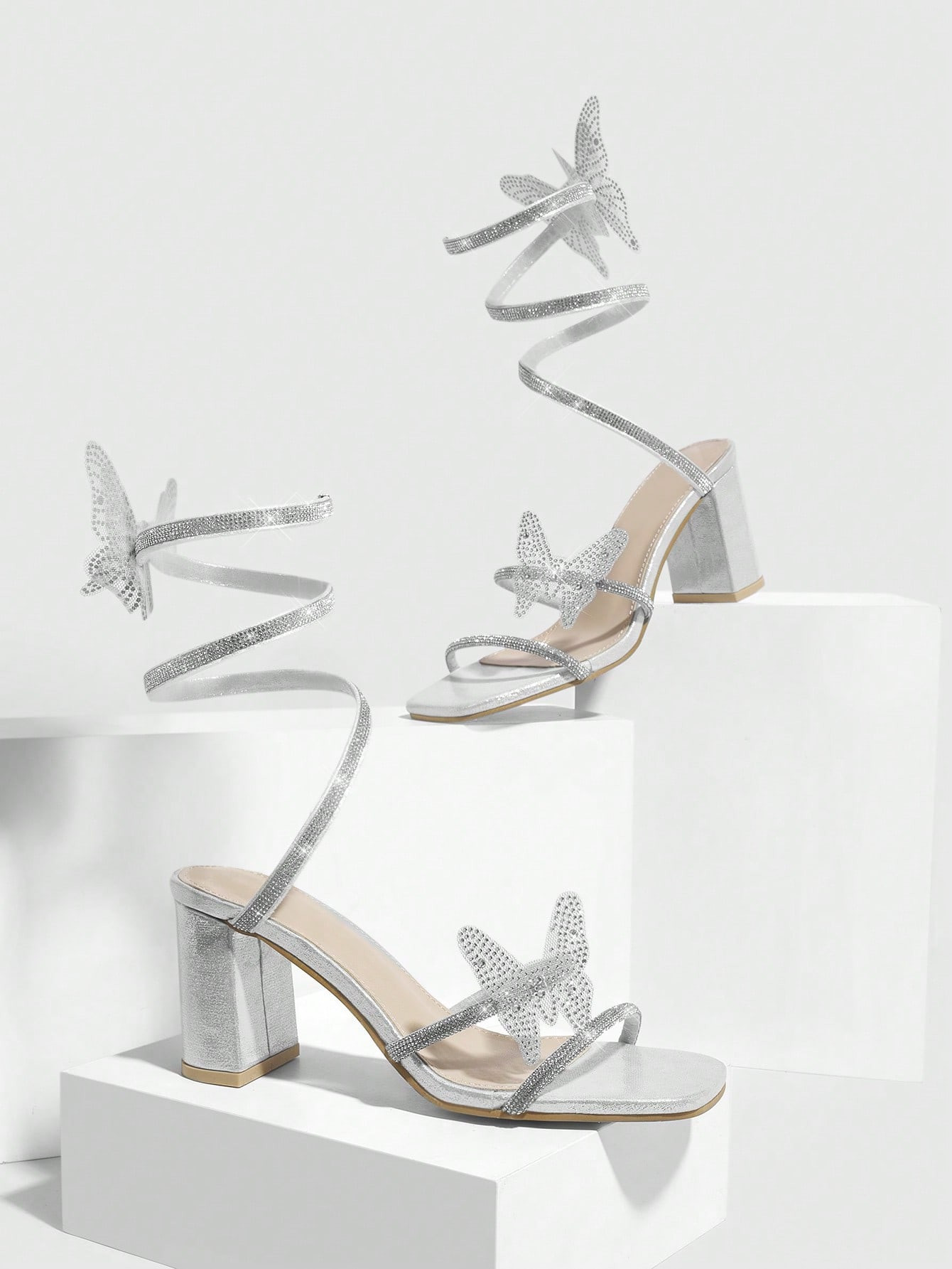 CUCCOO SZL Women's Butterfly Shape Rhinestone Embellished Rotating Round Toe High Heels Sandals, ... | SHEIN