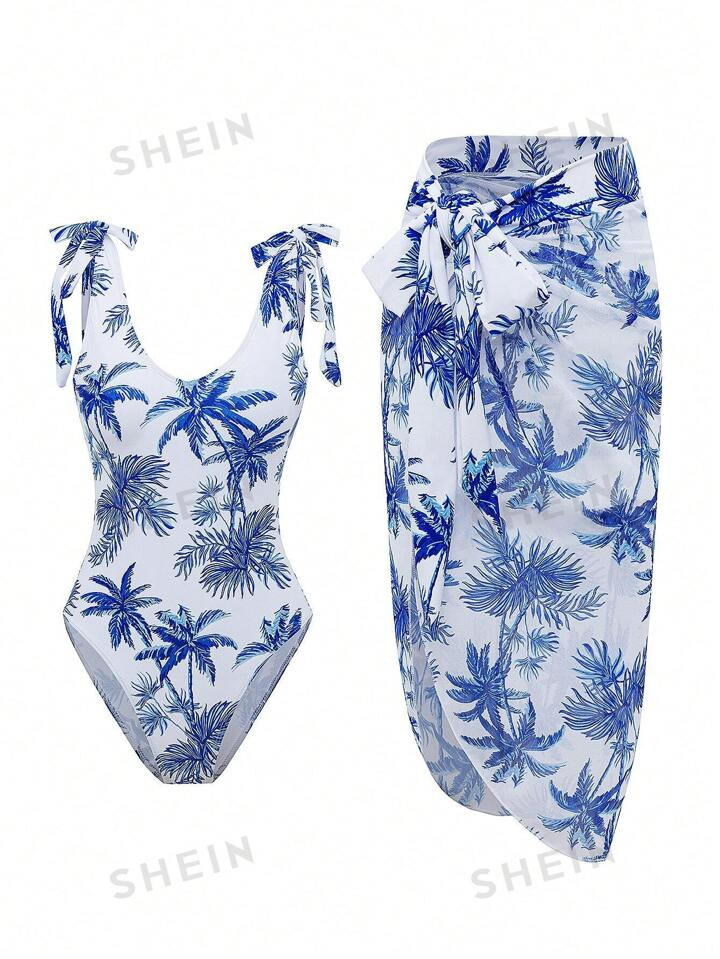 Women's Coconut Tree Print One Piece Swimsuit Set | SHEIN