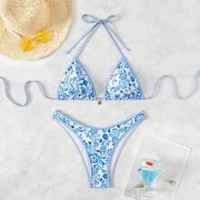 Womens Summer Beach Floral Print Halter Neck Tie Sexy Bikini Set | SHEIN