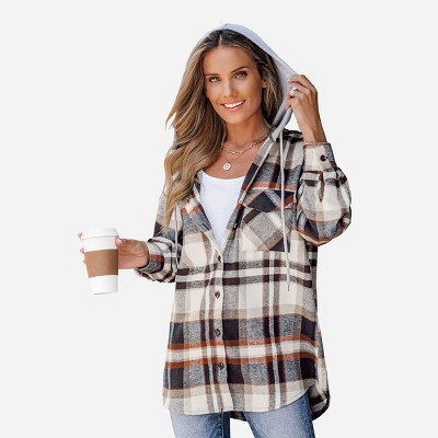 Women's Plaid Drawstring Hooded Jacket - Cupshe-S-Beige | Target