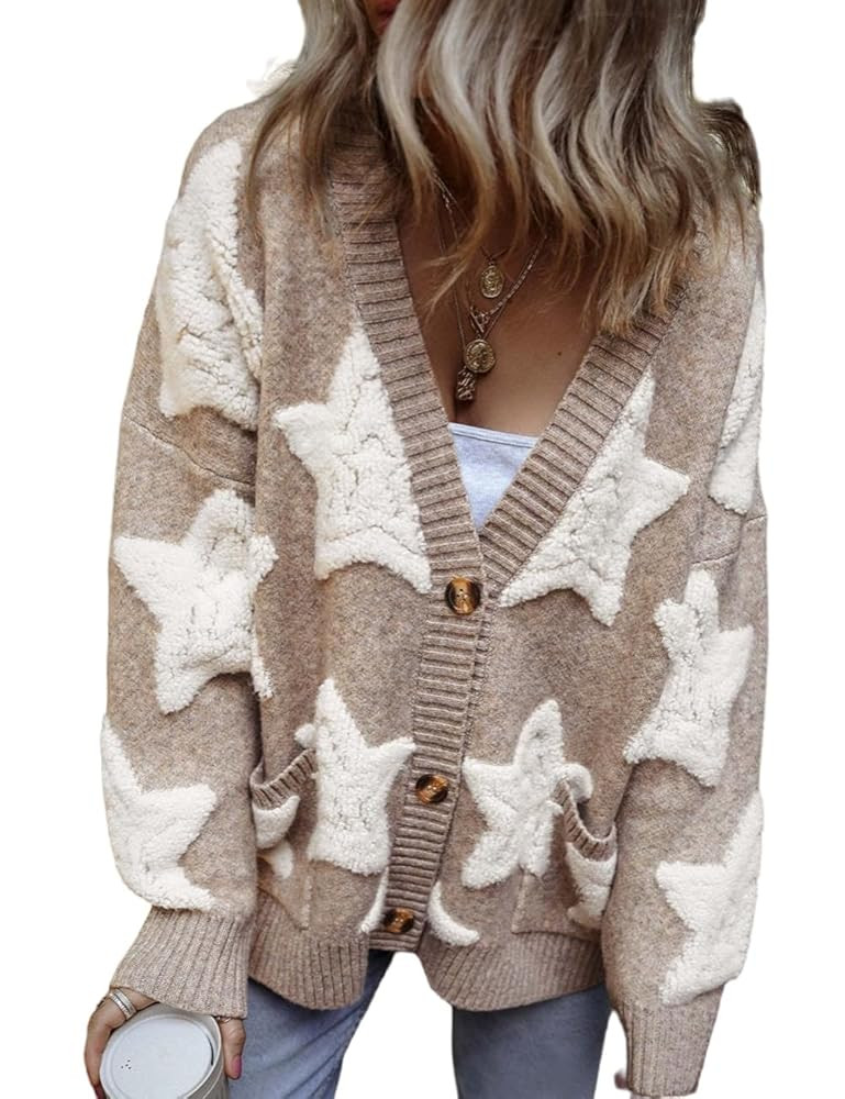 Women's Star Print Button Down V Neck Drop Shoulder Open Front Knit Cardigan Sweater | Amazon (US)