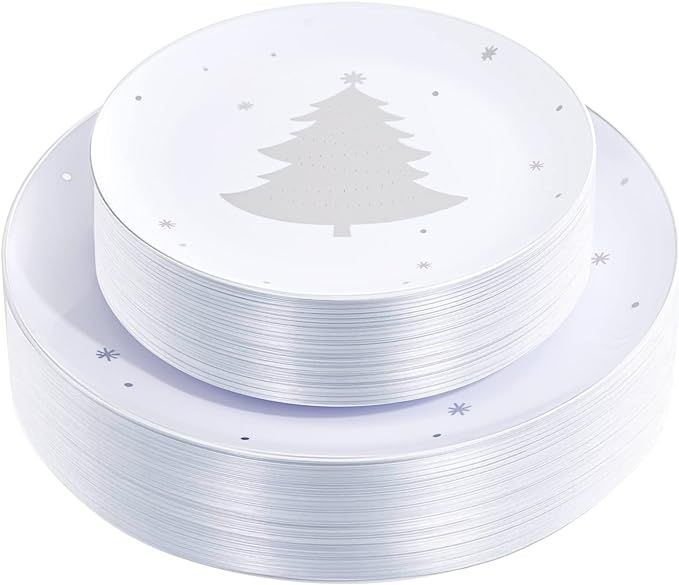 Amazon.com: WDF 50 Pieces Silver Plastic Plates - Christmas Plastic Plates with Christmas Tree - ... | Amazon (US)