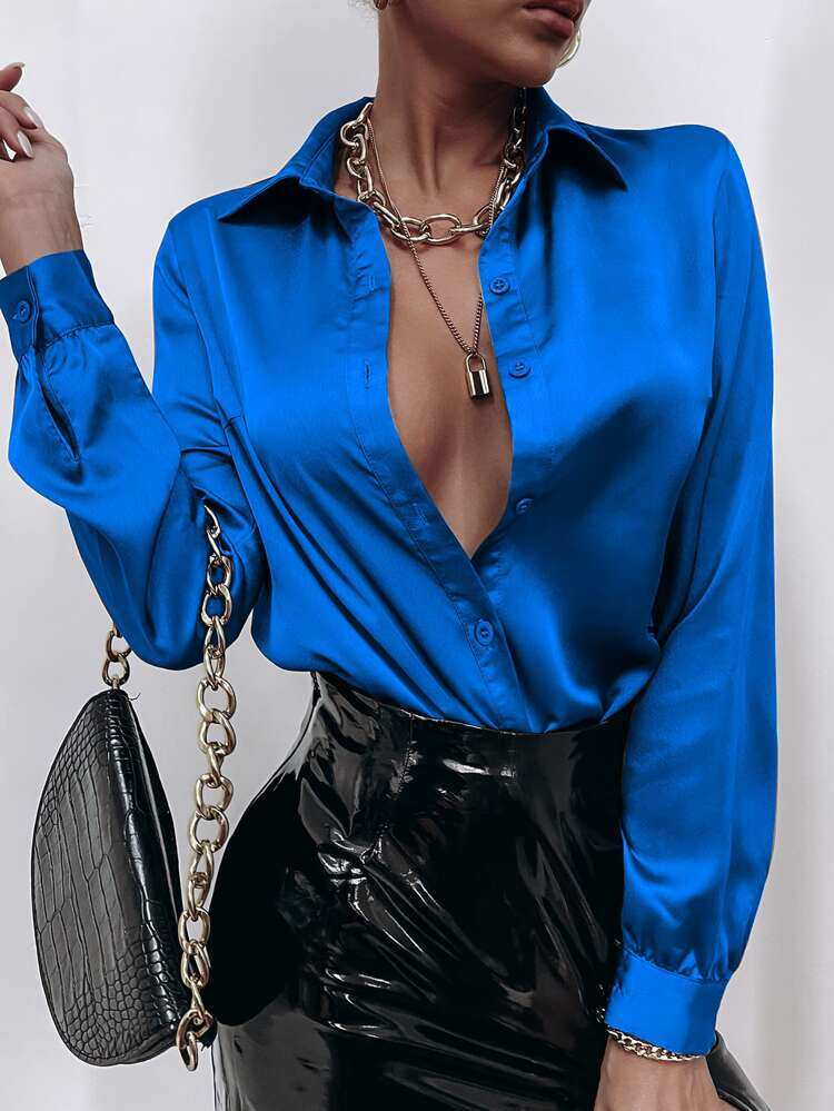 SHEIN SXY Satin Solid Button Front Blouse | SHEIN