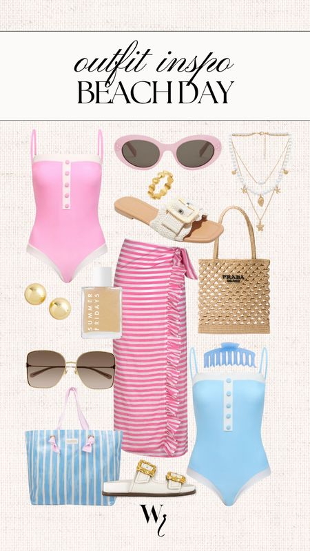 Summer swimsuit outfit pink and blue swimsuit one piece swimsuit striped beach bag 

#LTKstyletip #LTKswim #LTKsalealert