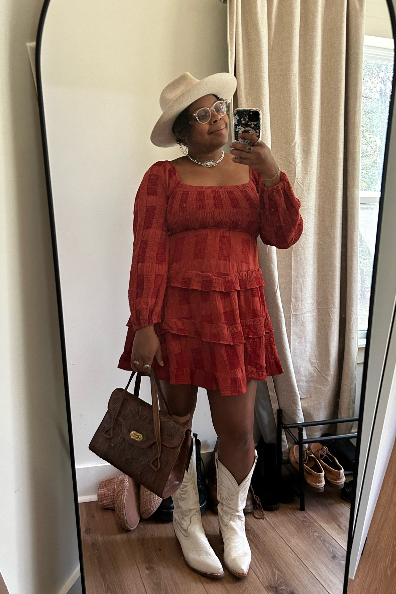 "Almost 30, feeling kinda flirty but let’s be real—more surviving than thriving! 🫠✨ This vintage 1950s bag is my prized thrifting gem from Cape Cod (only $50!) and she’s a keeper! 😍 Paired with this gorgeous sterling silver choker I snagged *for free* at a clothing swap with my girlfriends. Still on the hunt for its origin, but I’m loving the vibes. 💫 

The boots I love these babies! If you don’t have a pair yet, you need them! 👏🏾

#ThriftingFinds #VintageStyle #CapeCodThrift #AlmostThirty #OOTD #LikeToKnowIt #SustainableFashion"

#LTKSeasonal #LTKStyleTip #LTKMidsize