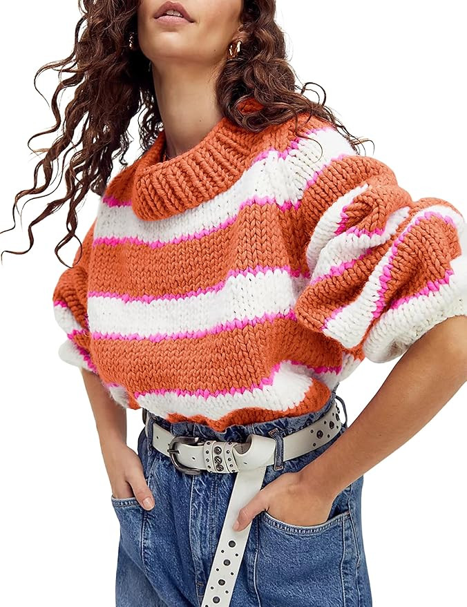 Yeokou Women Stripe Pullover Sweater Turtleneck Ribbed Knit Top Casual Fall Winter Chunky Knitwea... | Amazon (US)