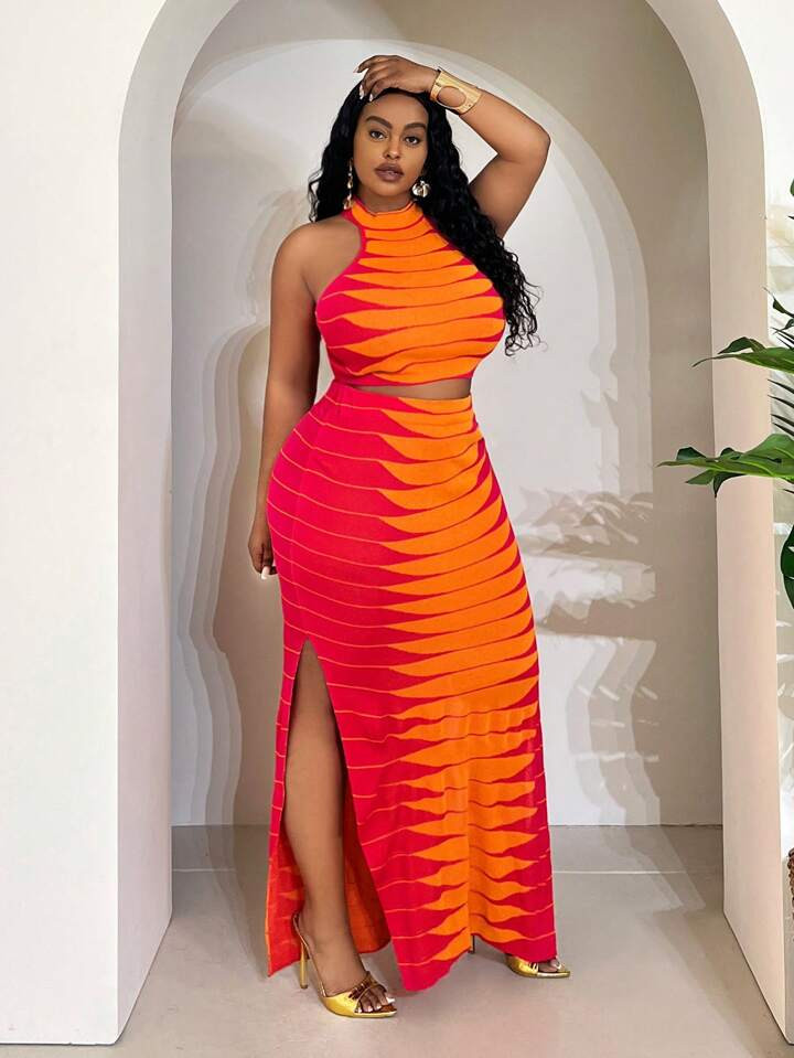 Slaydiva Plus Size Vacation Style Sleeveless Contrast Color Knitted Two-Piece Set | SHEIN