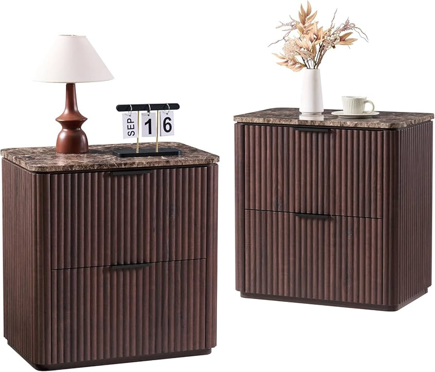 Fluted Nightstand Set of 2, 23" W Night Stand with 2 Drawers, Wood Bed Side Table with Faux Marbl... | Amazon (US)