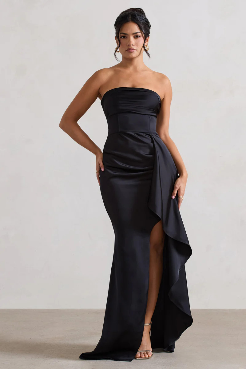Ace  Black Satin Bandeau Split Maxi Dress With Ruffle Drape | Club L London