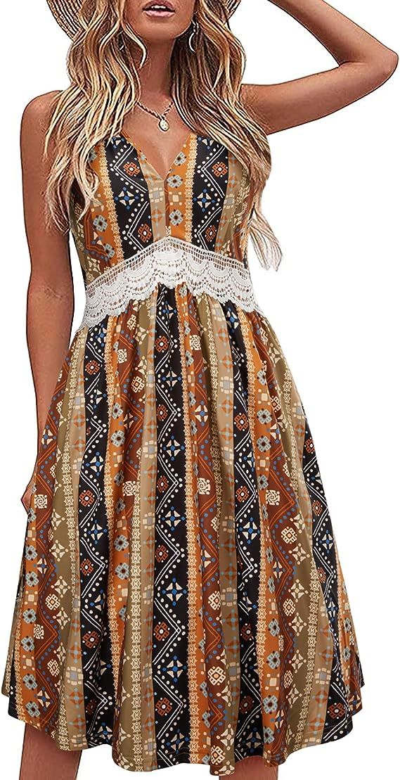 LAISHEN Women's Floral Spaghetti Strap V Neck Lace Sundress Summer Casual Swing Dress with Pocket... | Amazon (US)