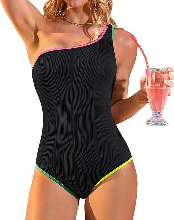 Charmo One Piece Swimsuit for Women One Shoulder Modest Bathing Suits Color Block Neon Swim Suit ... | Amazon (US)