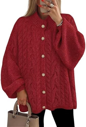 ZESICA Women's Button Down Cardigan Sweaters 2025 Fall Lantern Long Sleeve Mock Neck Chunky Knit ... | Amazon (US)