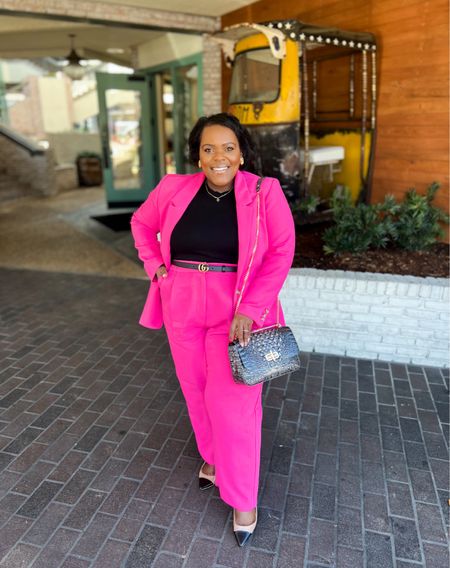 Turn heads in this hot pink piece from Old Navy 😮 Wearing a 2x in pants and size large in blazer (the pink is from last year but I’ve linked some other pinks). Also linking my Gucci belt and Brahmin bag which makes the perfect accessories to complete this look! 🩷🩷🩷🩷 

#LTKstyletip #LTKfindsunder100 #LTKworkwear