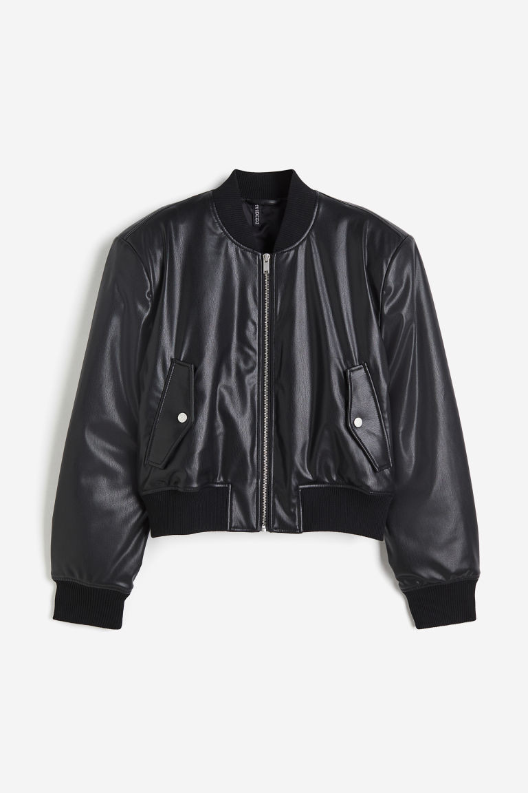 H & M - Coated Bomber Jacket with Shoulder Pads - Black | H&M (US + CA)