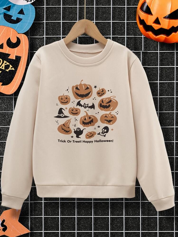 Girls Halloween Pumpkin & Slogan Graphic Pullover | SHEIN