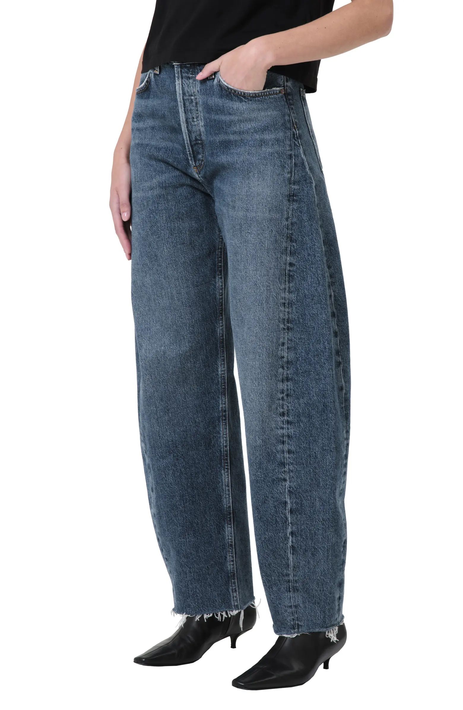 Luna Pieced High Waist Raw Hem Barrel Jeans | Nordstrom