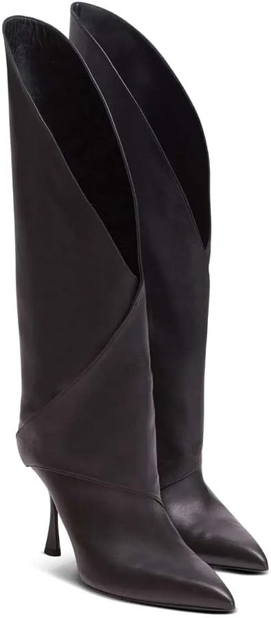 Women's Leather Knee High Boots V-Cut Pointed Toe Stiletto High Heel Riding Boots Stylish Motorcy... | Amazon (US)