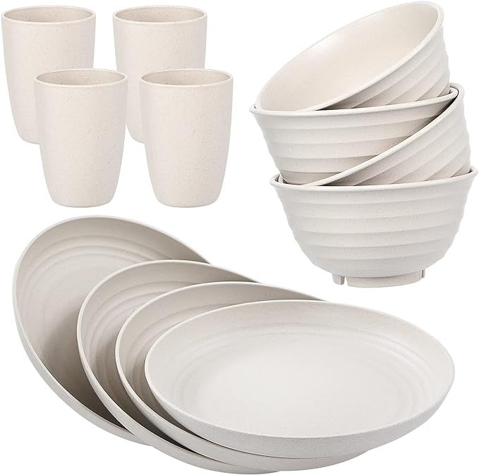 Wwyybfk 12pcs Wheat Straw Dinnerware Sets, Wheat Straw Plates and Bowls Sets for 4 Microwave Dish... | Amazon (US)