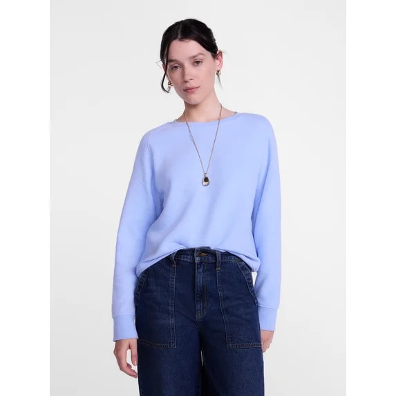 Scenario Women's Waffle Knit Crewneck Tee with Long Sleeves, Sizes XS-XXXL | Walmart (US)
