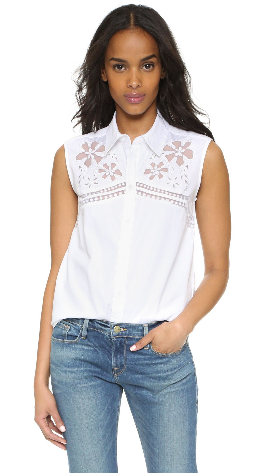 Equipment Reese Sleeveless Floral Embroidered Shirt - Bright White | Shopbop