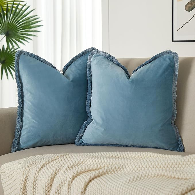 JUSPURBET Aqua Decorative Velvet Fringe Throw Pillow Covers 22x22 Set of 2 Boho Soft Cushion Case... | Amazon (US)