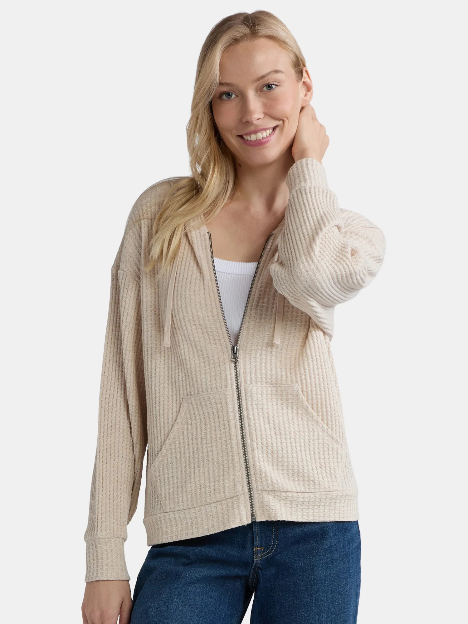 Time and Tru Women's Waffle Full Zip Hoodie with Long Sleeves, Sizes S-XXXL | Walmart (US)