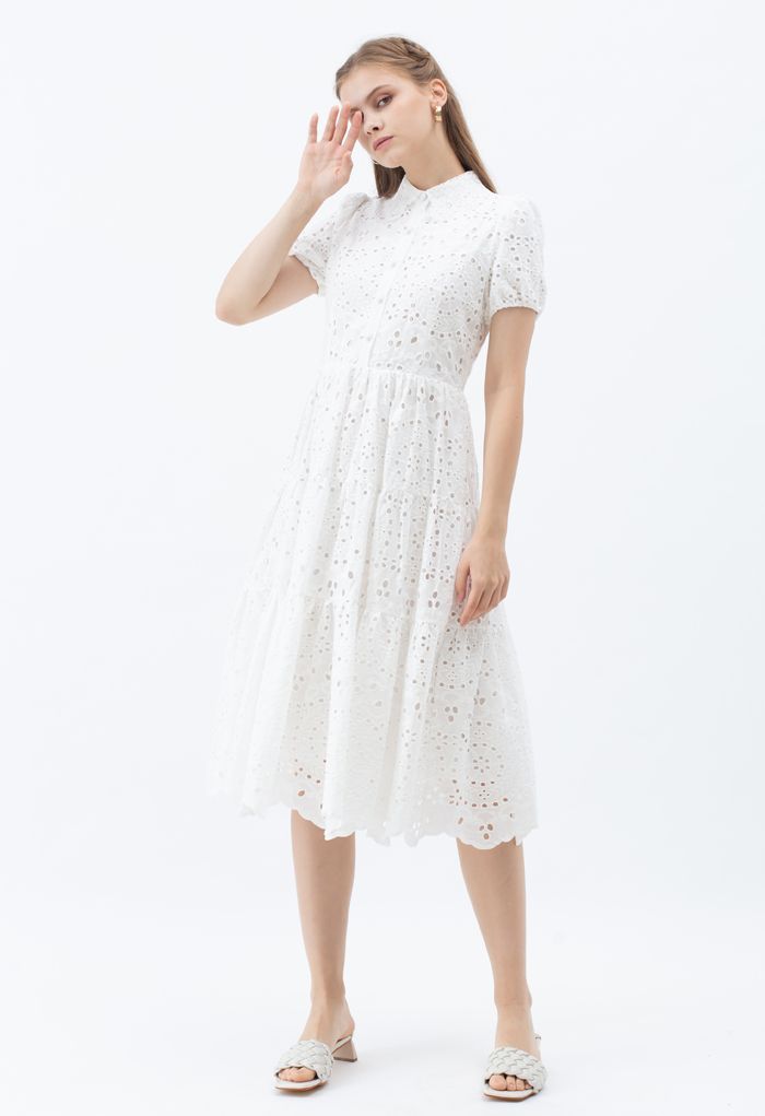 Crochet Collar Embroidered Eyelet Cotton Dress | Chicwish