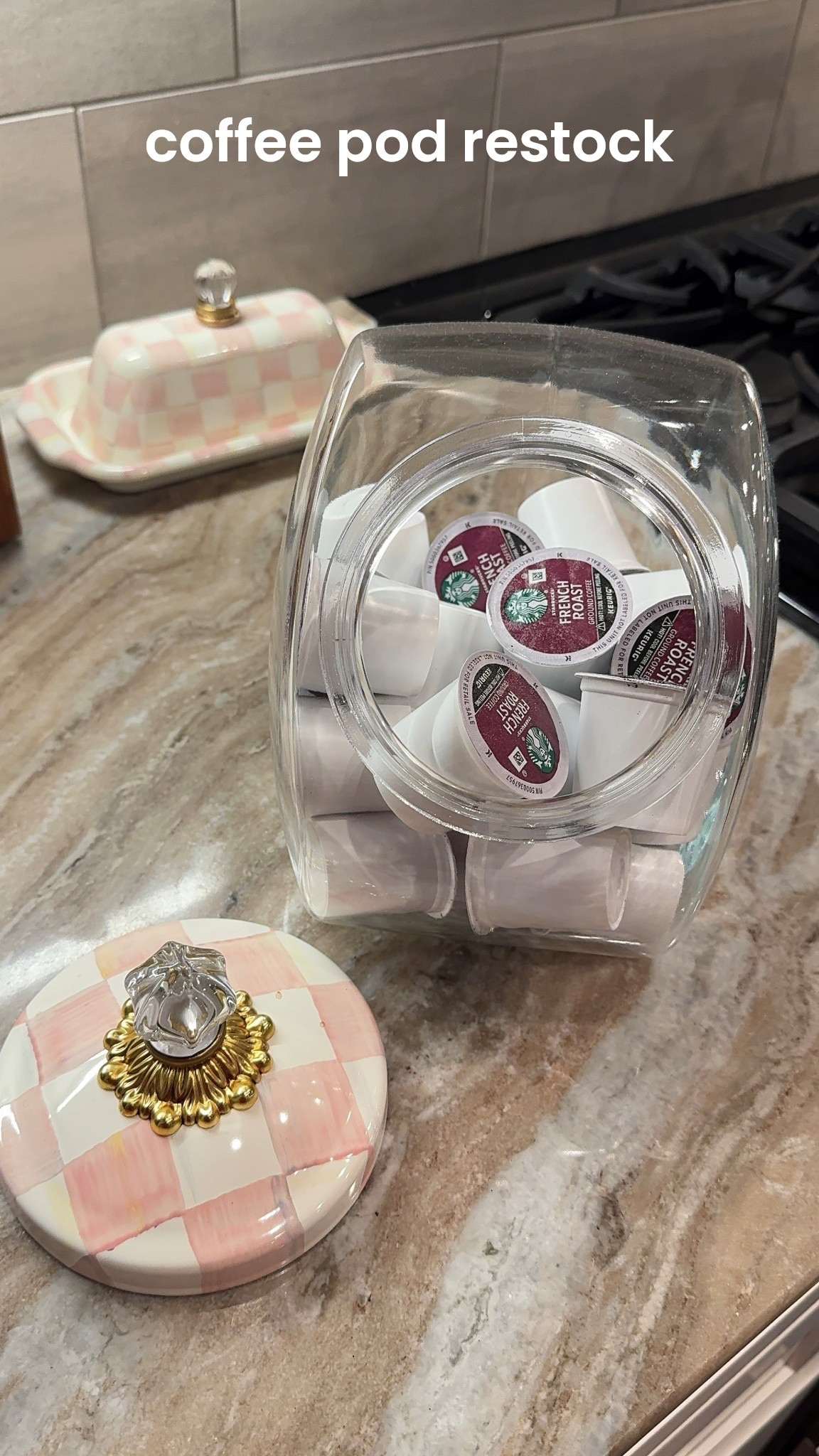 give me all the coffeeeeeee ☕️ the cutest restock featuring Starbucks k cups and Mackenzie Childs sweets jar 🩷

#LTKSeasonal #LTKHome #LTKFindsUnder100