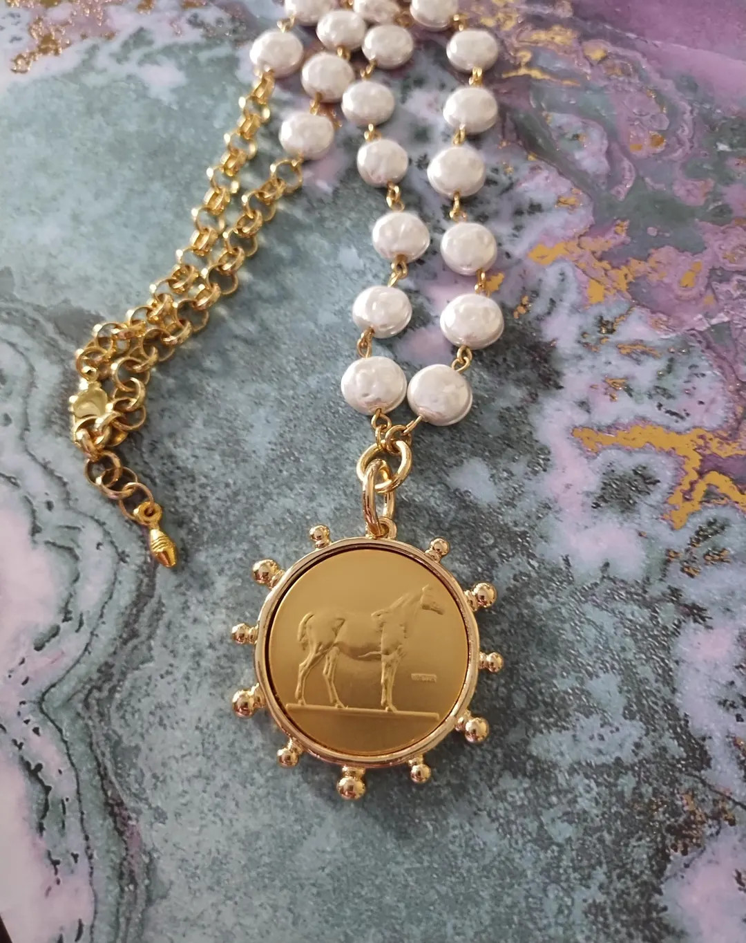 Horse Coin Pendant, Gold or Silver Horse, White Pearl Coin, Derby Necklace, Equestrian Show Horse... | Etsy (US)