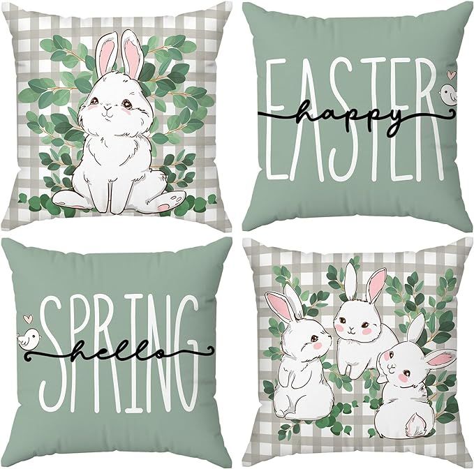 Minetom Set of 4 Easter Pillow Covers 18x18 - Happy Easter Plaid Rabbit Design with Eucalyptus Le... | Amazon (US)